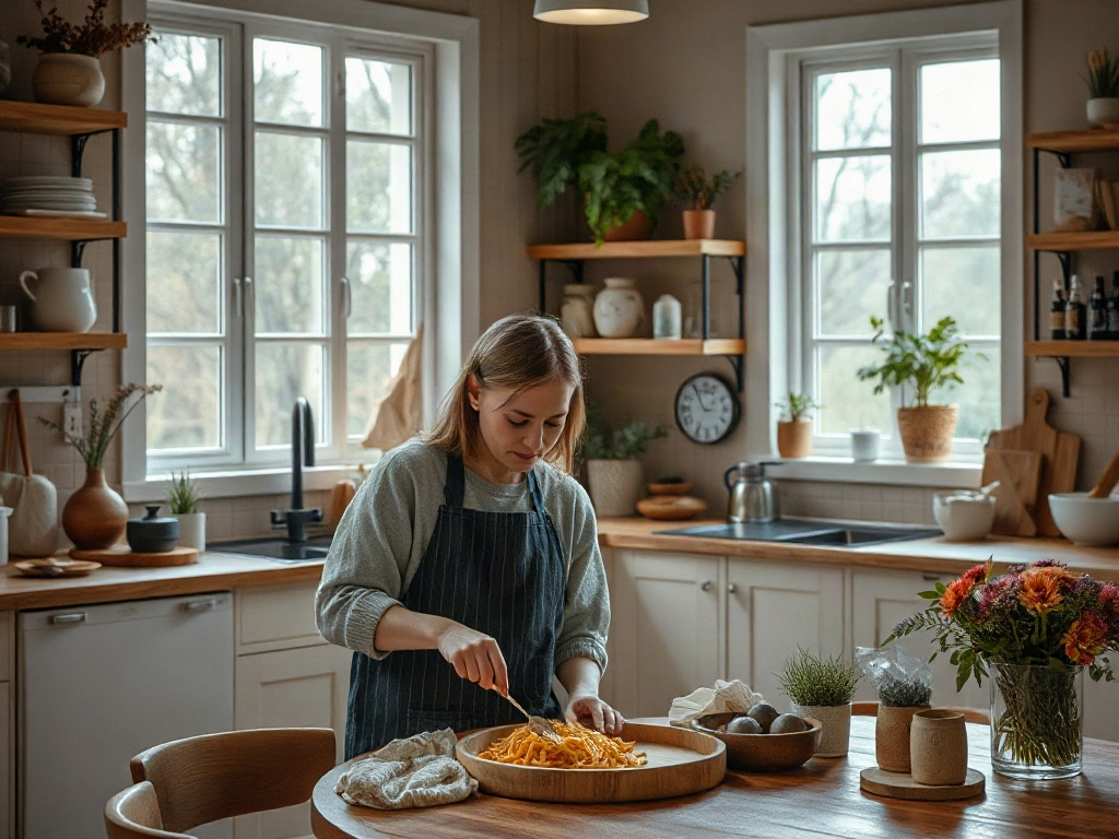 Женщина готовит пасту на кухне, окружённой растениями и кухонной посудой. В комнате тихо и уютно.